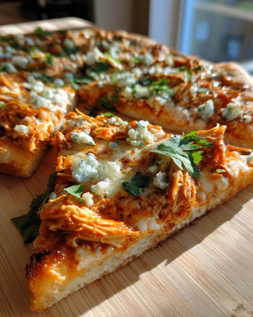 A close-up of a slice of Buffalo Chicken Pizza, topped with shredded chicken, cheese, and blue cheese crumbles.