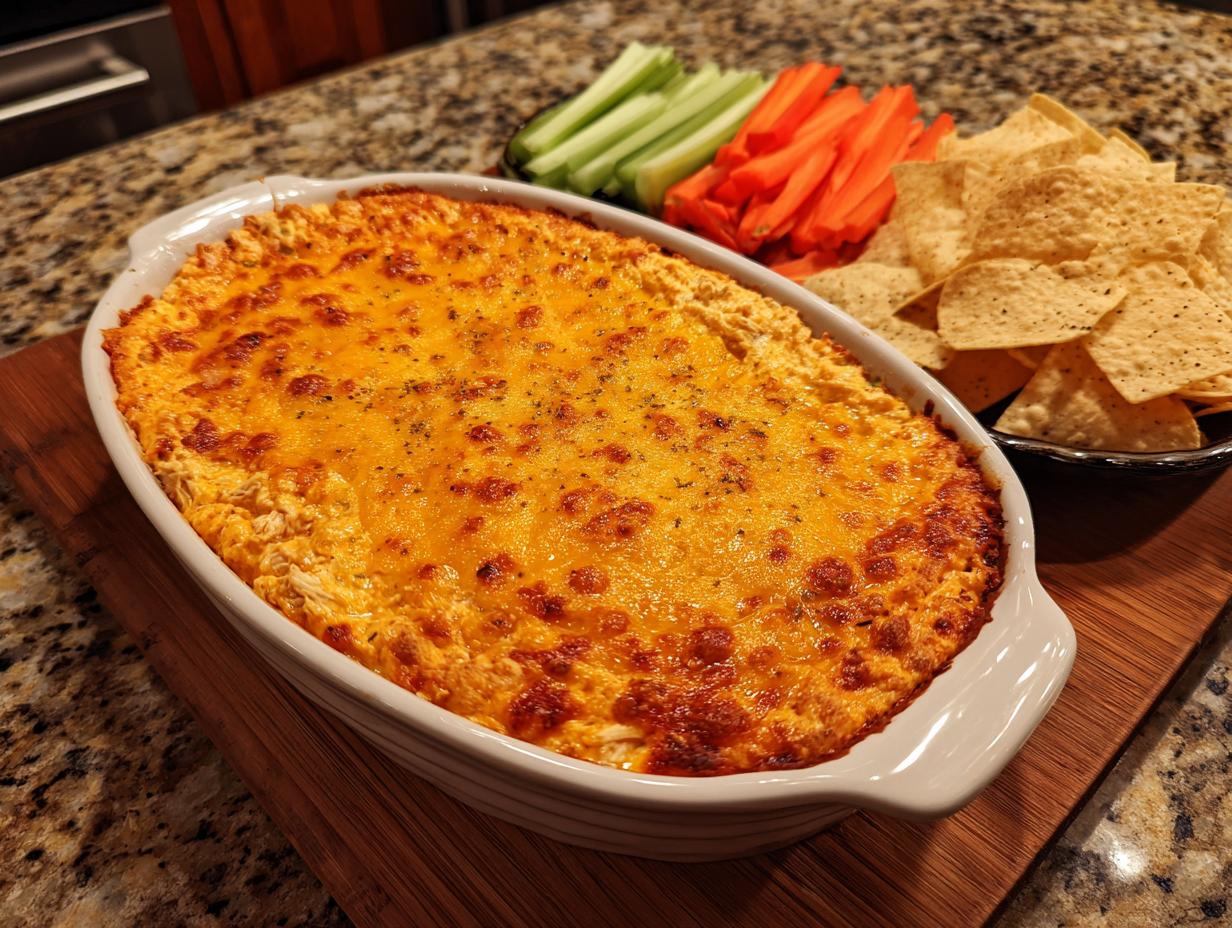 Baked Buffalo Chicken Ranch Dip in a dish, served with tortilla chips, celery and carrots.