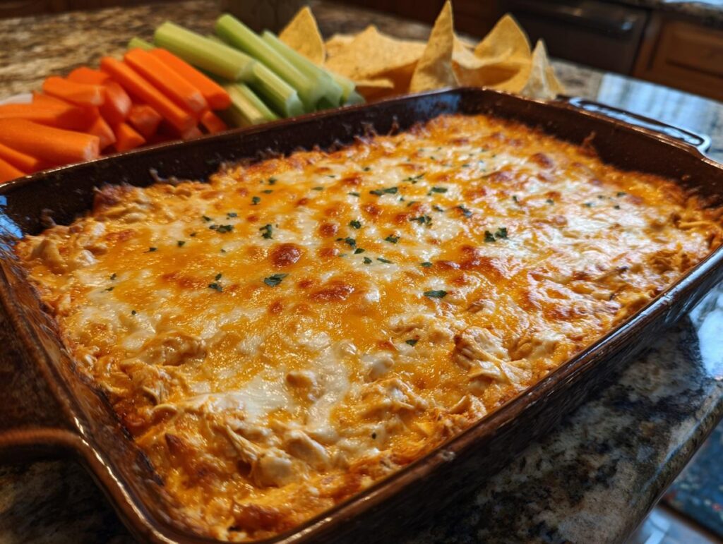 Baked Buffalo Chicken Ranch Dip in a dish, served with carrots, celery, and tortilla chips.