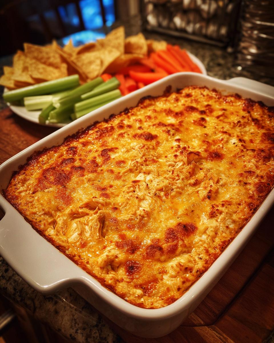 Delicious baked Buffalo Chicken Ranch Dip in a white dish, served with tortilla chips, celery, and carrots.