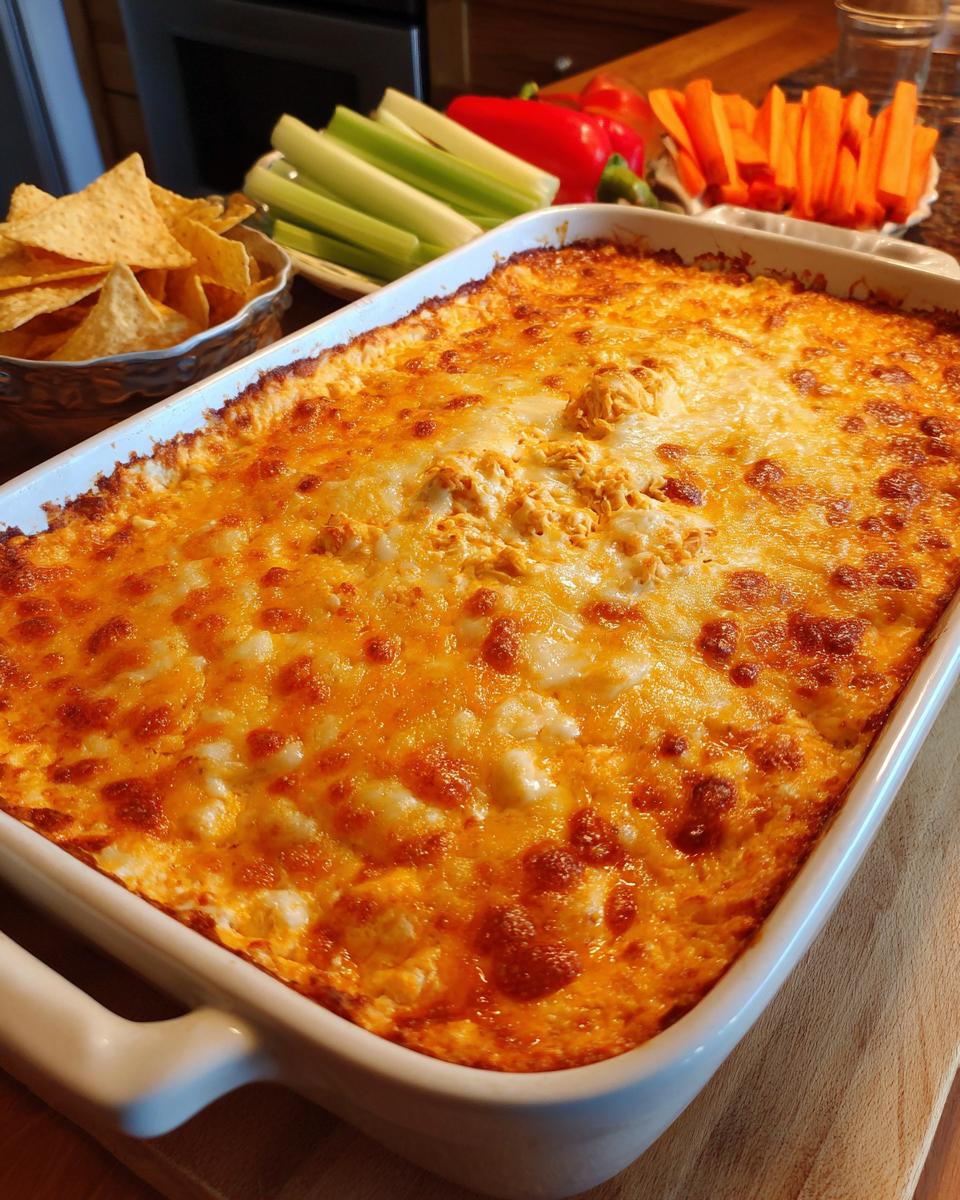 Delicious baked Buffalo Chicken Ranch Dip in a white dish, served with tortilla chips and vegetables.