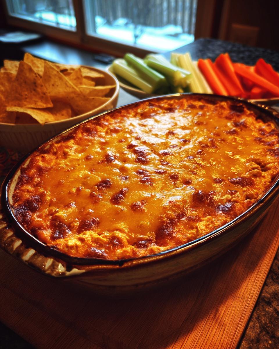 Baked Buffalo Chicken Ranch Dip in a dish, served with tortilla chips, celery, and carrot sticks.