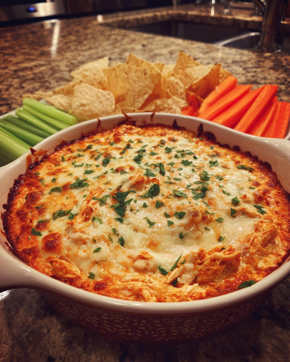 Delicious Buffalo Chicken Ranch Dip served with tortilla chips, celery sticks, and carrot sticks.
