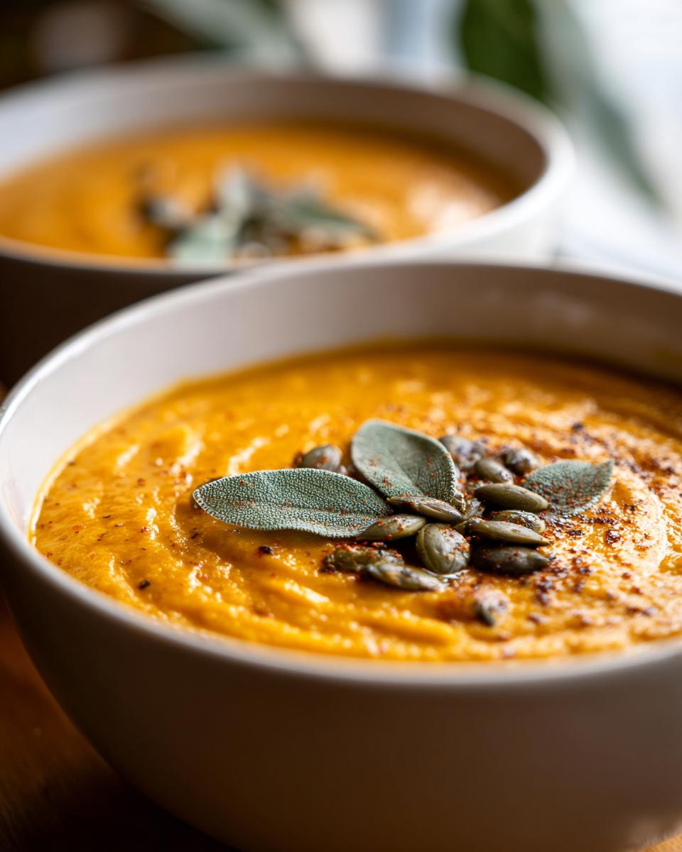 Two bowls of butternut squash soup, garnished with sage and pumpkin seeds. Fall soup recipes.