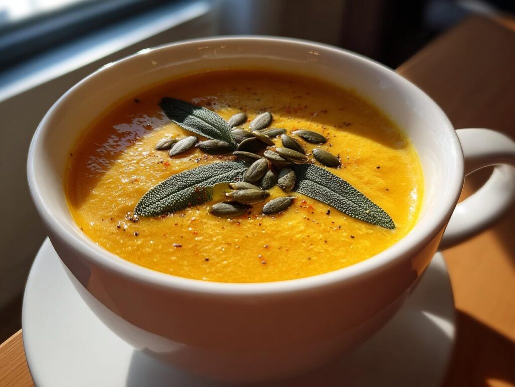 Creamy butternut squash soup in a white mug, garnished with sage and pumpkin seeds. Part of our fall soup recipes collection.