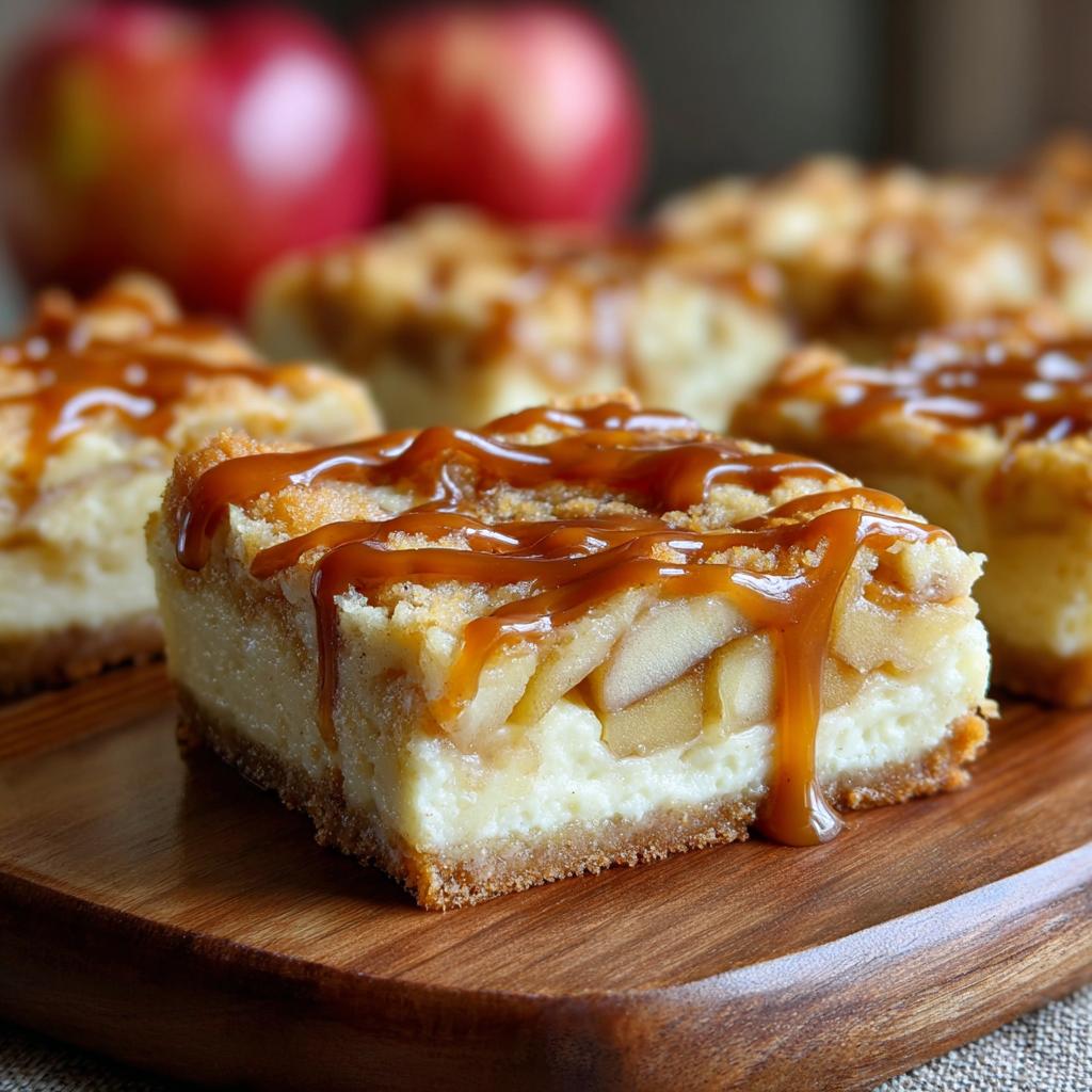 Close-up of Caramel Apple Cheesecake Bars drizzled with caramel on a wooden board, apples in the background.