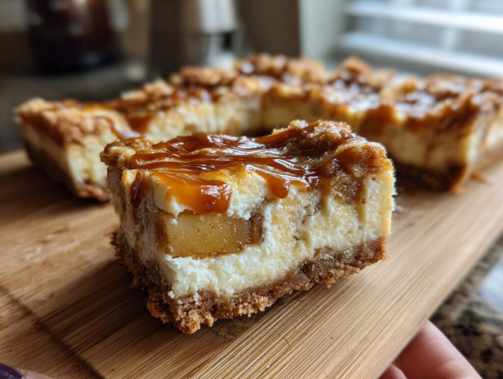Close-up of a Caramel Apple Cheesecake Bar with layers of crust, cheesecake, apples, and caramel topping.