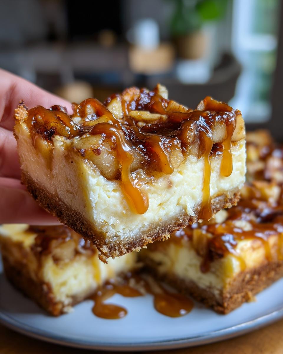 A hand holds a slice of Caramel Apple Cheesecake Bars with a graham cracker crust and caramel drizzle.