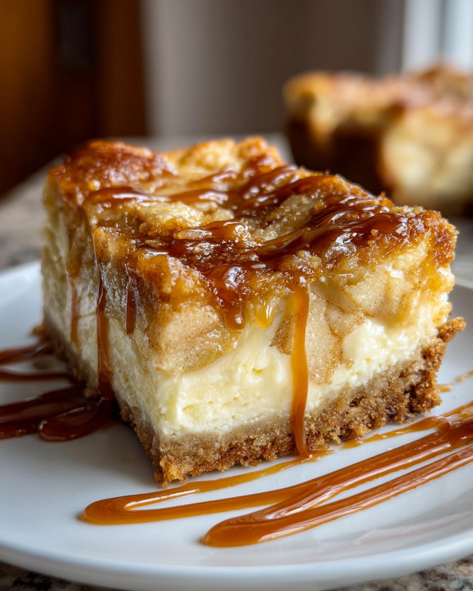 A single Caramel Apple Cheesecake Bar slice on a white plate, drizzled with extra caramel.