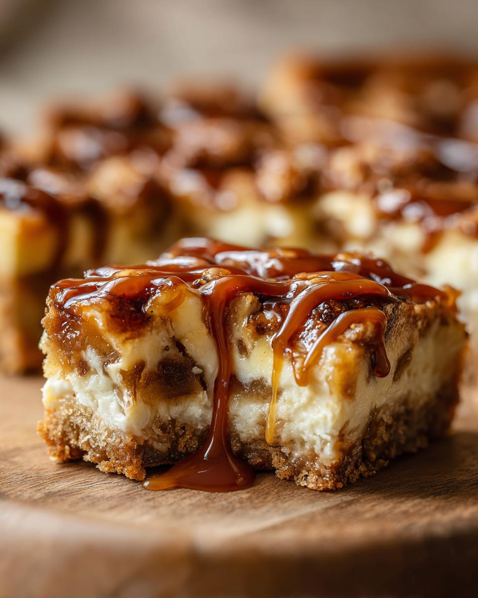 Close-up of a Caramel Apple Cheesecake Bar slice with caramel drizzle on a wooden surface.
