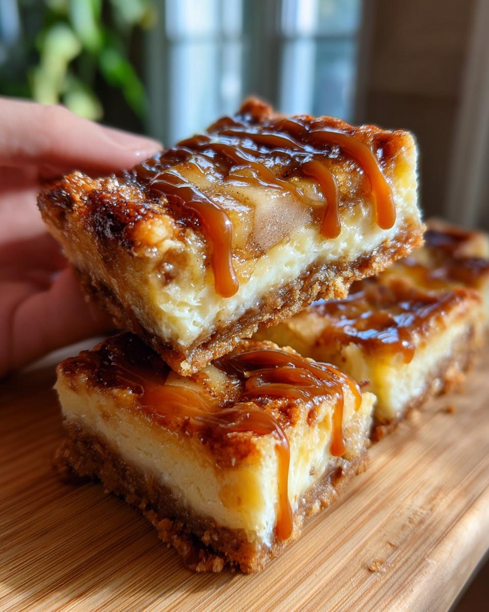 Close-up of stacked Caramel Apple Cheesecake Bars with a caramel drizzle on a wooden board.