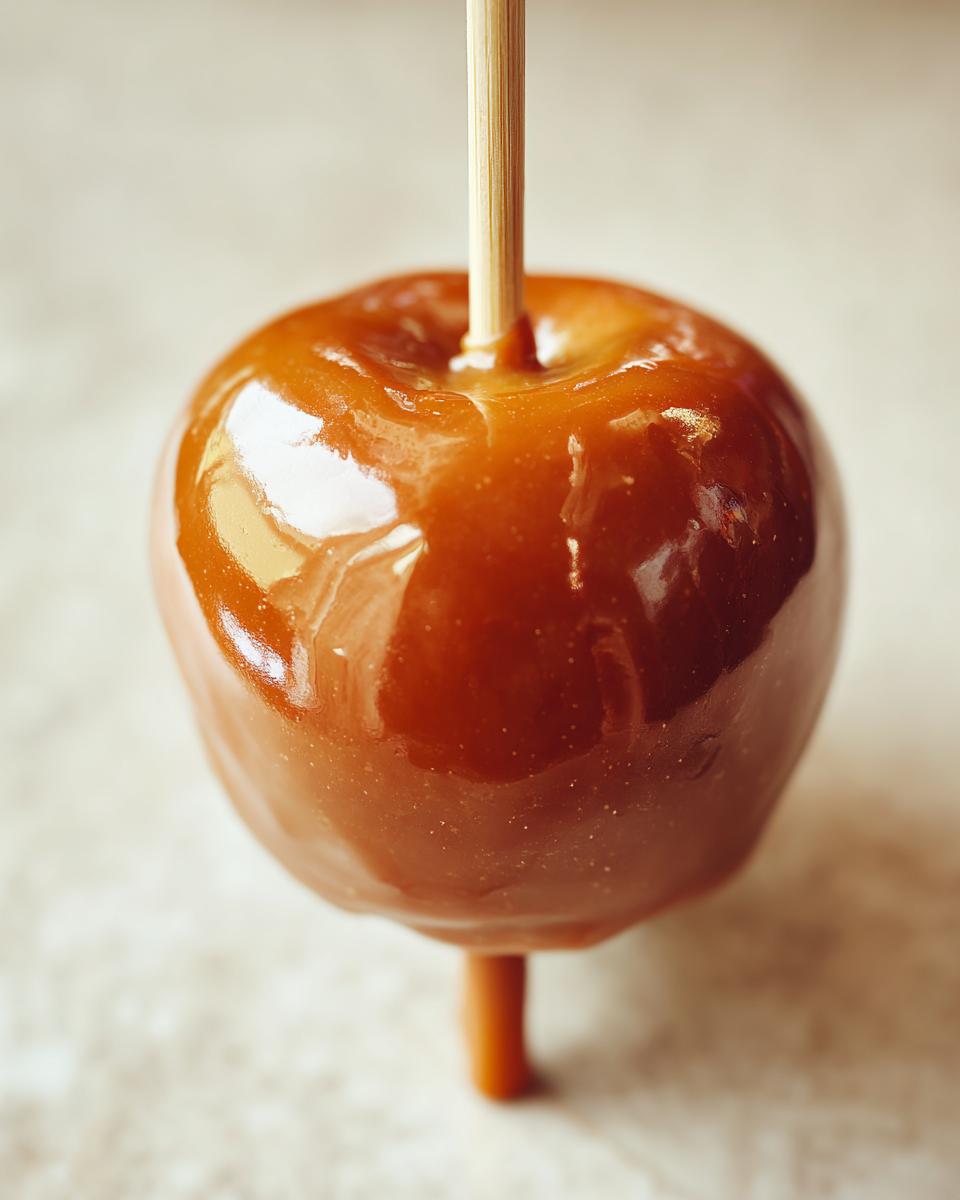A single caramel apple on a stick, showcasing a glossy, smooth caramel coating. Perfect for caramel apple recipes.
