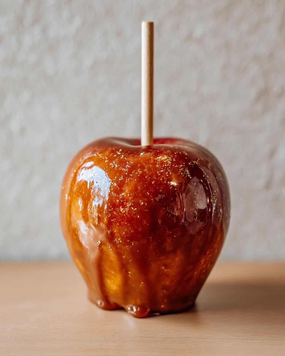 A glossy caramel apple with a stick, perfect for caramel apple recipes. Sweet and delicious!