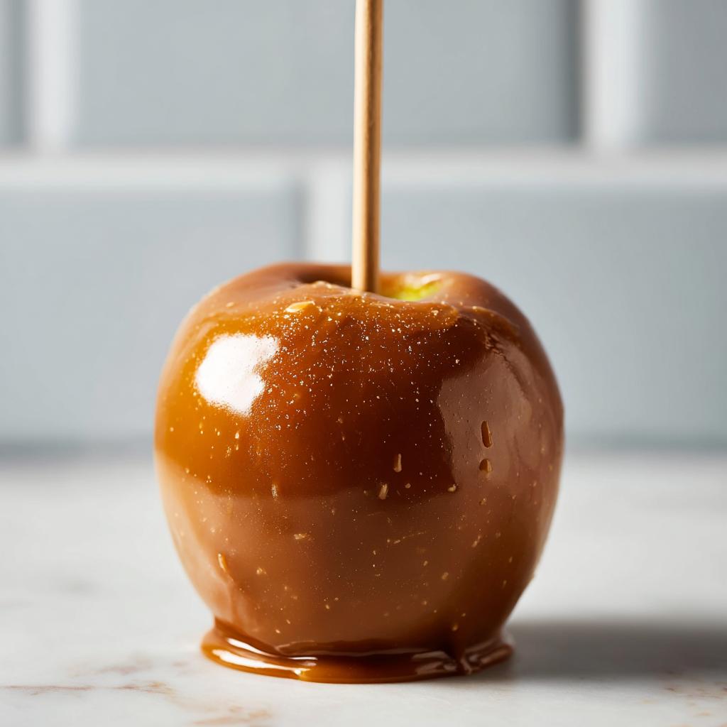 A single caramel apple with a stick, coated in shiny caramel. Great for caramel apple recipes.