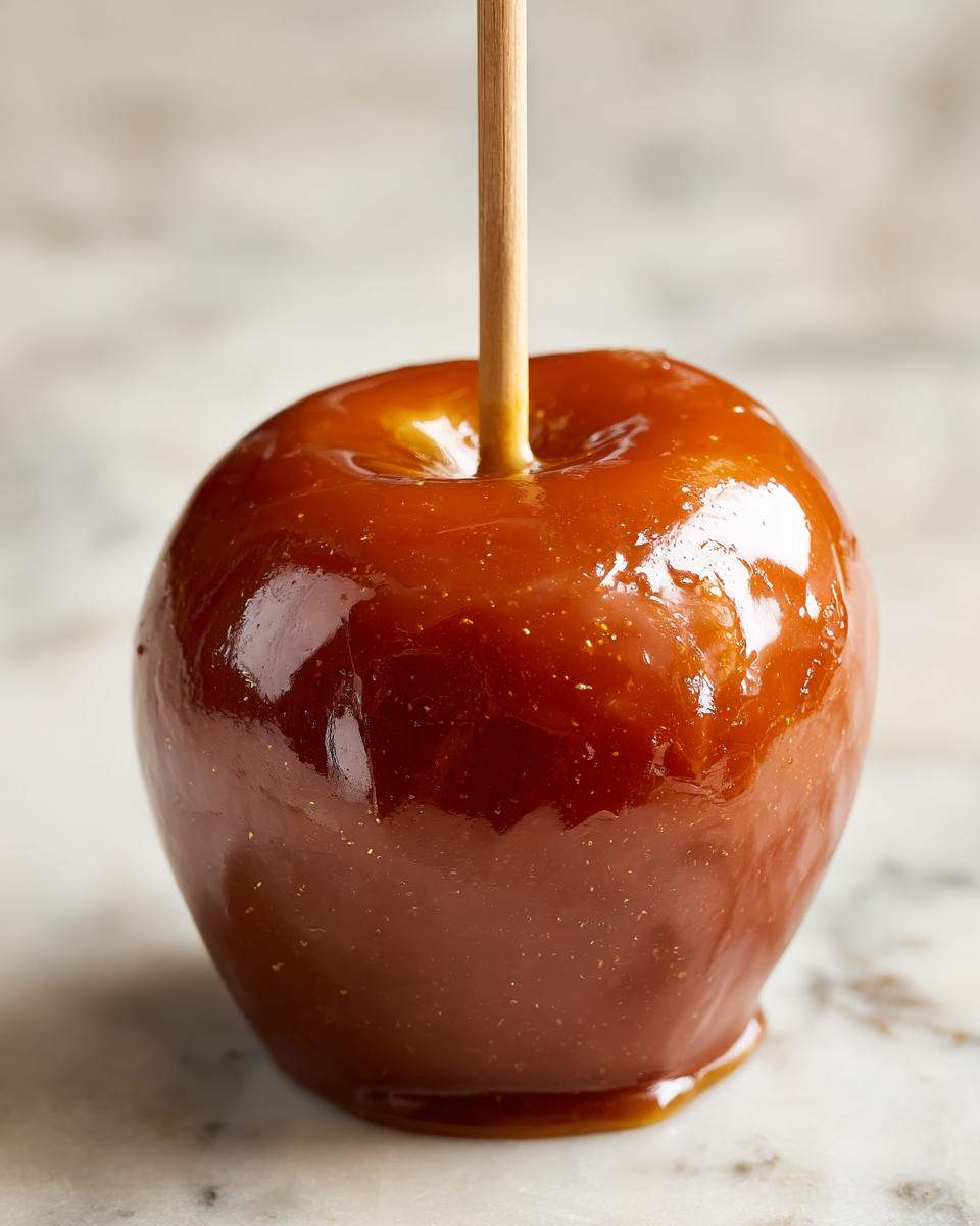 A single caramel apple with a stick, ready to eat. Perfect for caramel apple recipes.