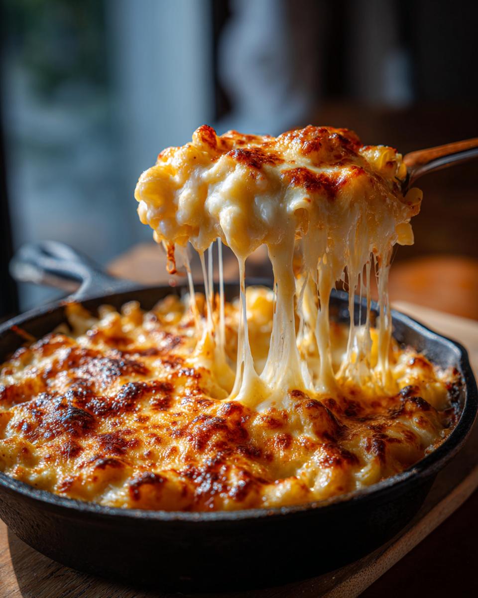 Close-up of cheesy baked pasta being lifted from a skillet, showing cheese pull.