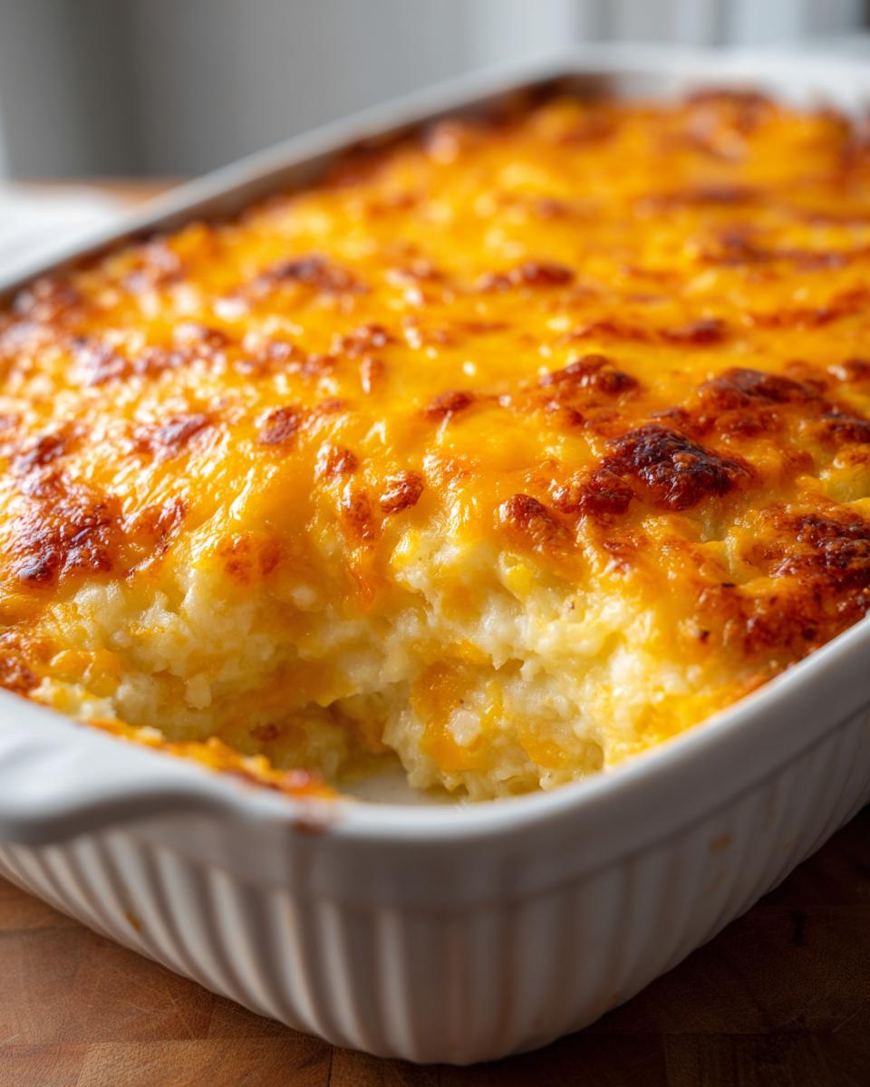 Baked Cheesy Garlic Mashed Potato Casserole in a white baking dish, showing the creamy potatoes and melted cheese.