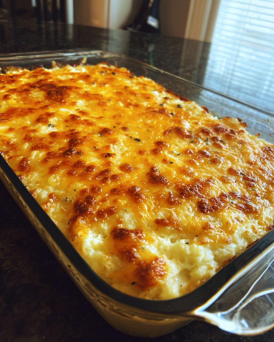 Close-up of a freshly baked Cheesy Garlic Mashed Potato Casserole in a glass baking dish.