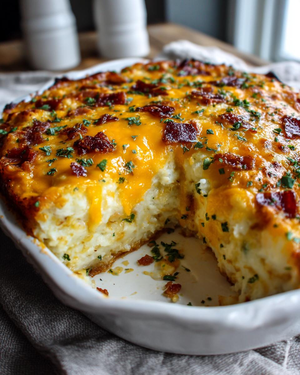 A delicious Cheesy Garlic Mashed Potato Casserole with melted cheese, bacon, and parsley in a white baking dish.