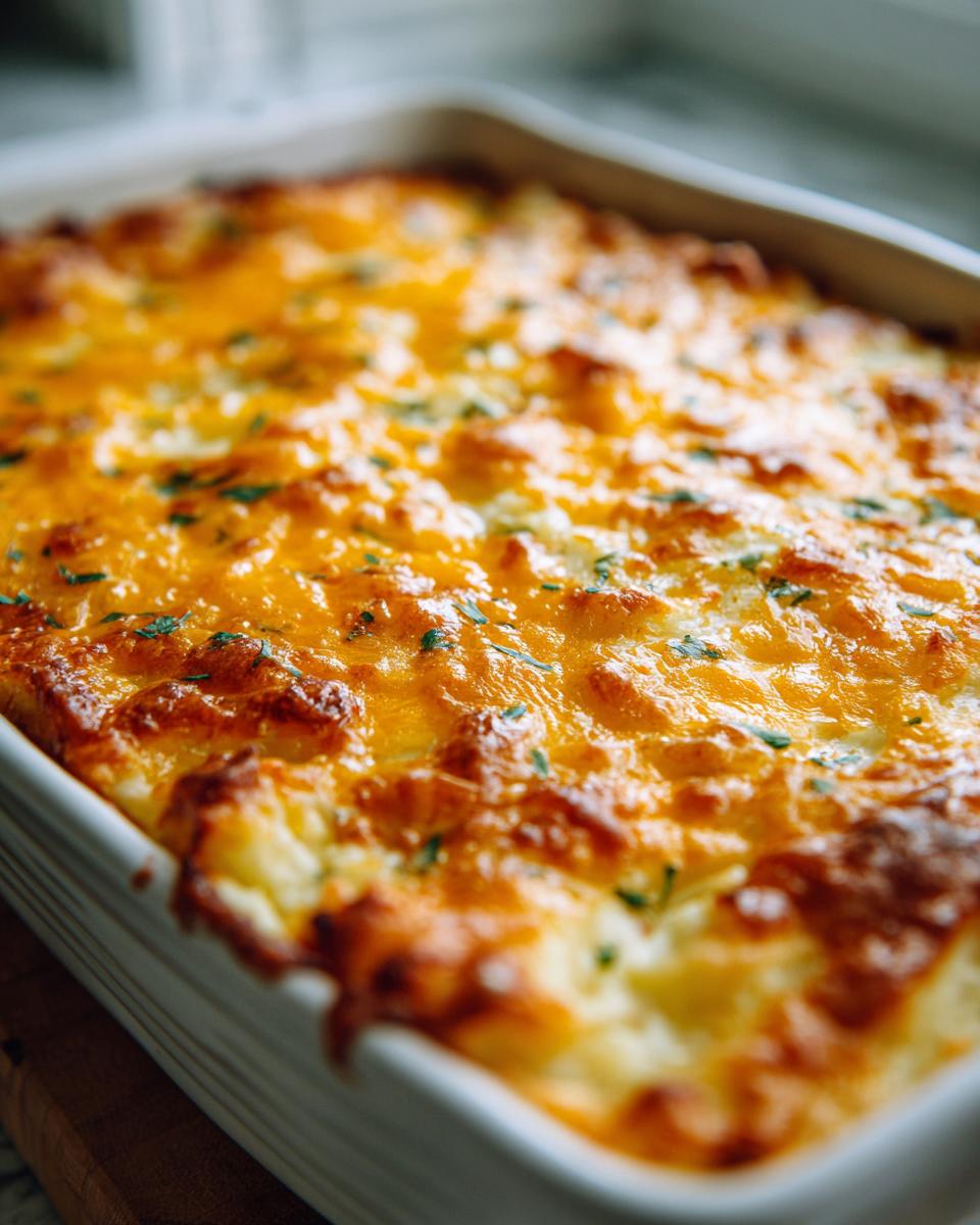 Close-up of a Cheesy Garlic Mashed Potato Casserole in a white baking dish, topped with melted cheese and herbs.