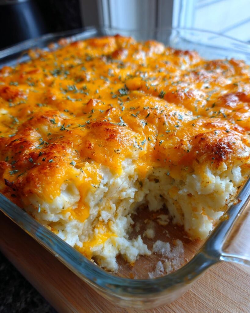 Close-up of a Cheesy Garlic Mashed Potato Casserole in a glass baking dish, topped with melted cheese and herbs.