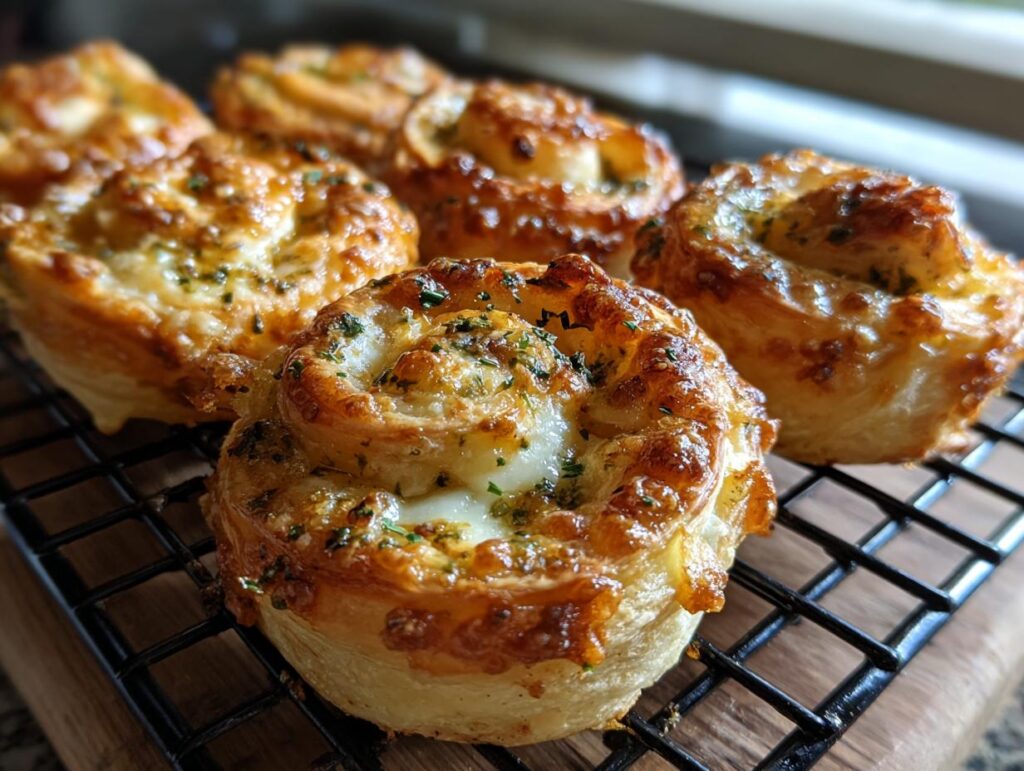 Close-up of freshly baked cheesy rolls, perfect as party food, cooling on a wire rack.