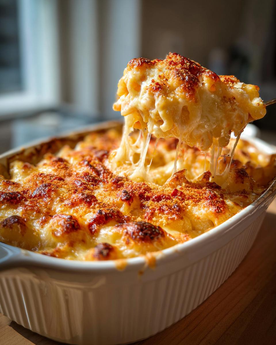 Close-up of cheesy pasta being lifted from a baking dish, showing a golden crust and melted cheese.
