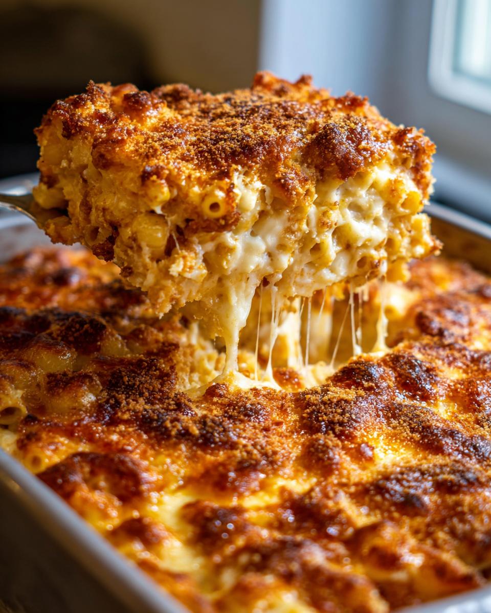 A spoonful of cheesy pasta being lifted, showing the cheese pull and baked crust.