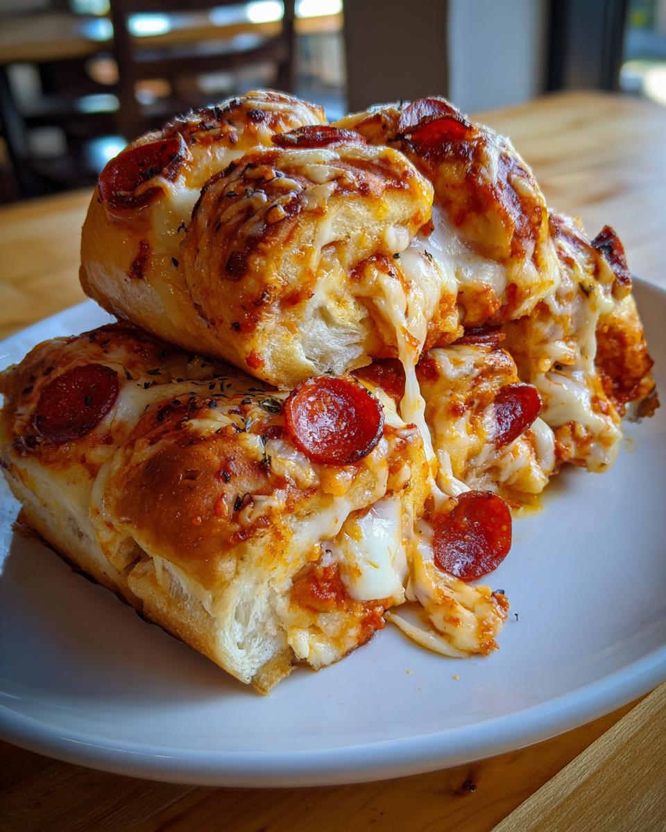 A stack of cheesy pizza rolls topped with pepperoni and bubbling mozzarella cheese, ready to be devoured.