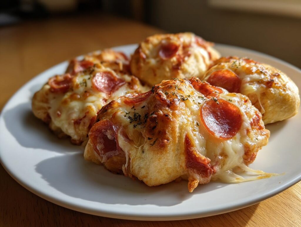 Close-up of four delicious Cheesy Pizza Rolls topped with pepperoni and gooey melted cheese.