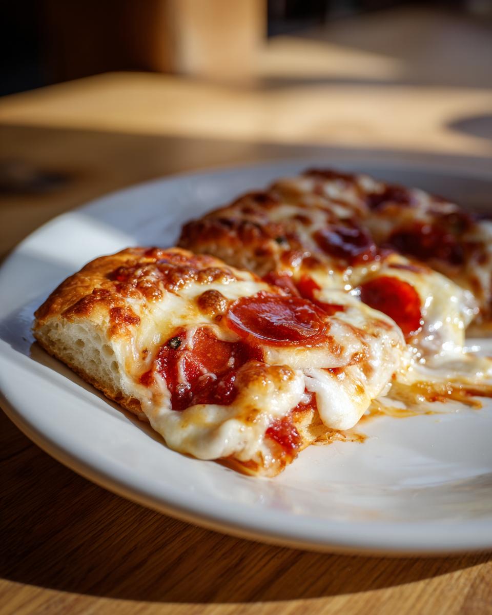 Close-up of cheesy pizza rolls topped with pepperoni and melted mozzarella cheese on a white plate.