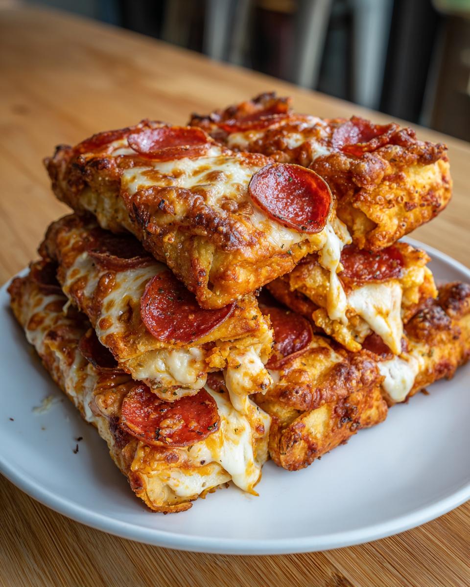 A stack of delicious Cheesy Pizza Rolls topped with pepperoni and gooey melted cheese.