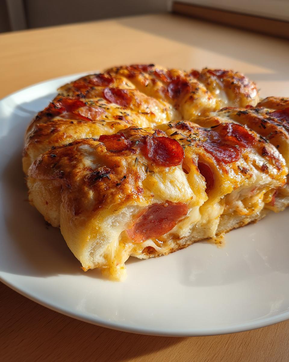 Close-up of a slice of cheesy pizza rolls with melted mozzarella and pepperoni slices.