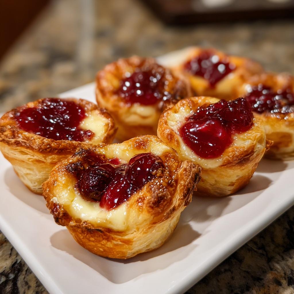 Close-up of cherry puff pastry, delicious Thanksgiving appetizers on a white plate.