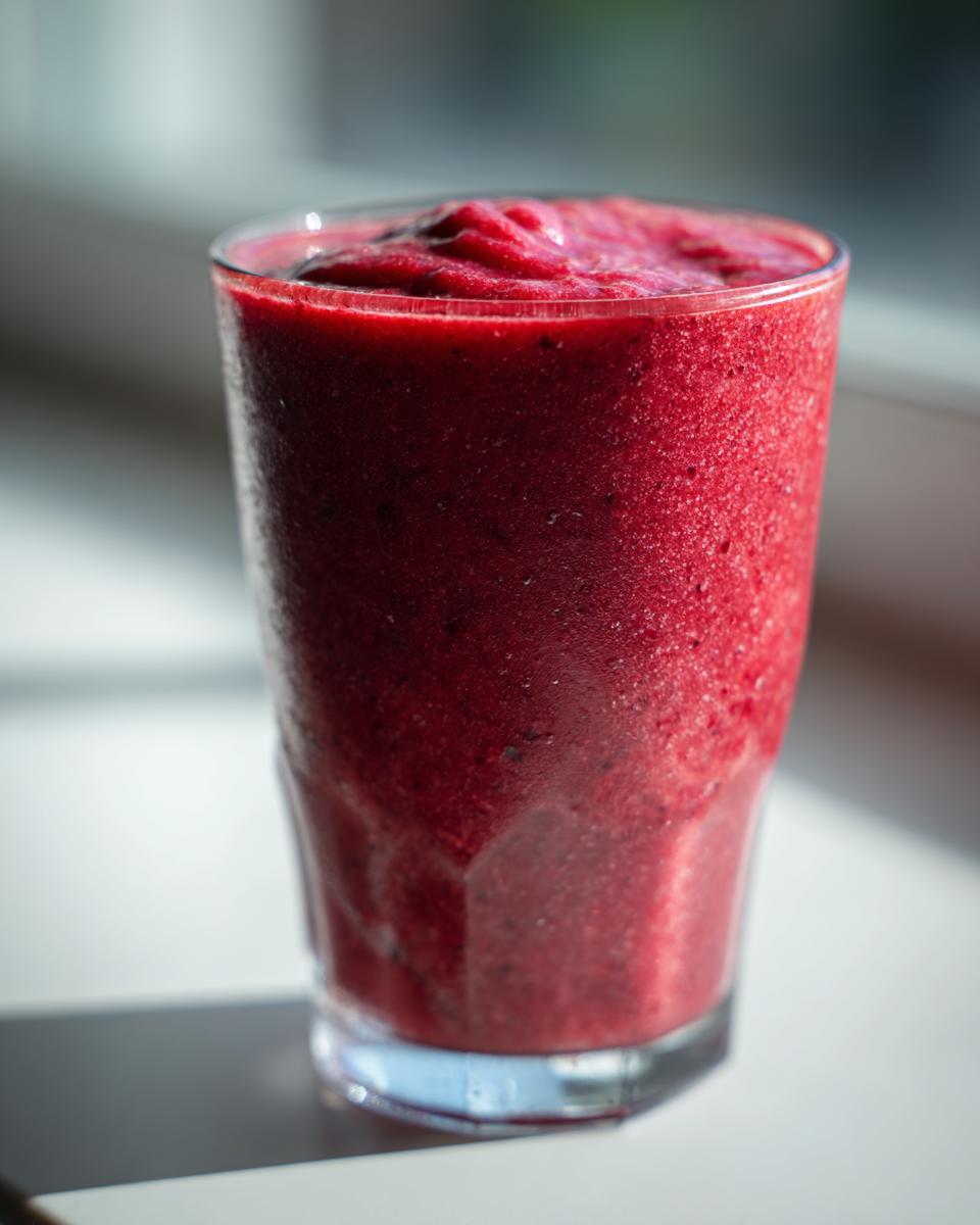 A vibrant, red cherry vibe smoothie served in a clear glass, showcasing its thick and frosty texture.