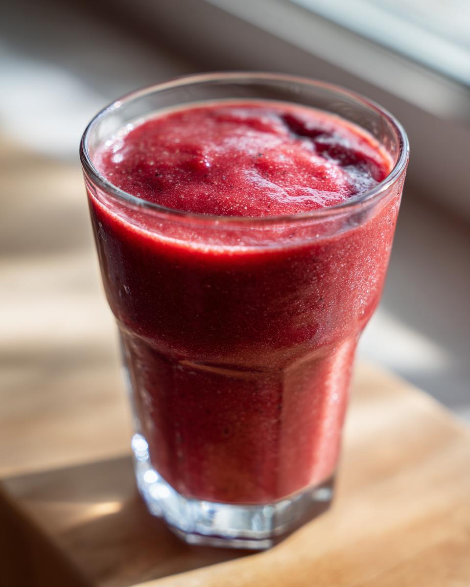 A vibrant, red cherry vibe smoothie in a clear glass, showcasing its thick and refreshing texture.