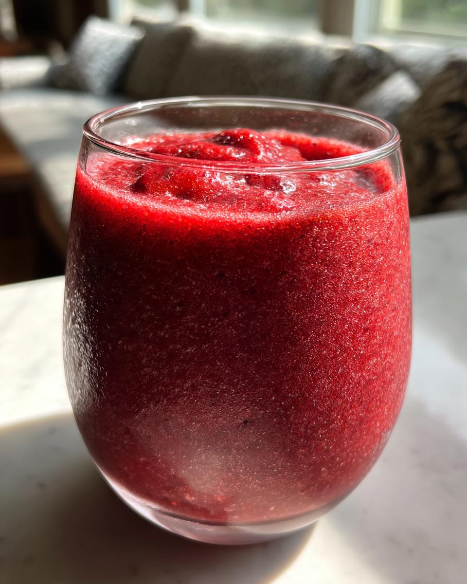 Close-up of a vibrant red cherry vibe smoothie in a clear glass, showcasing its texture and color.