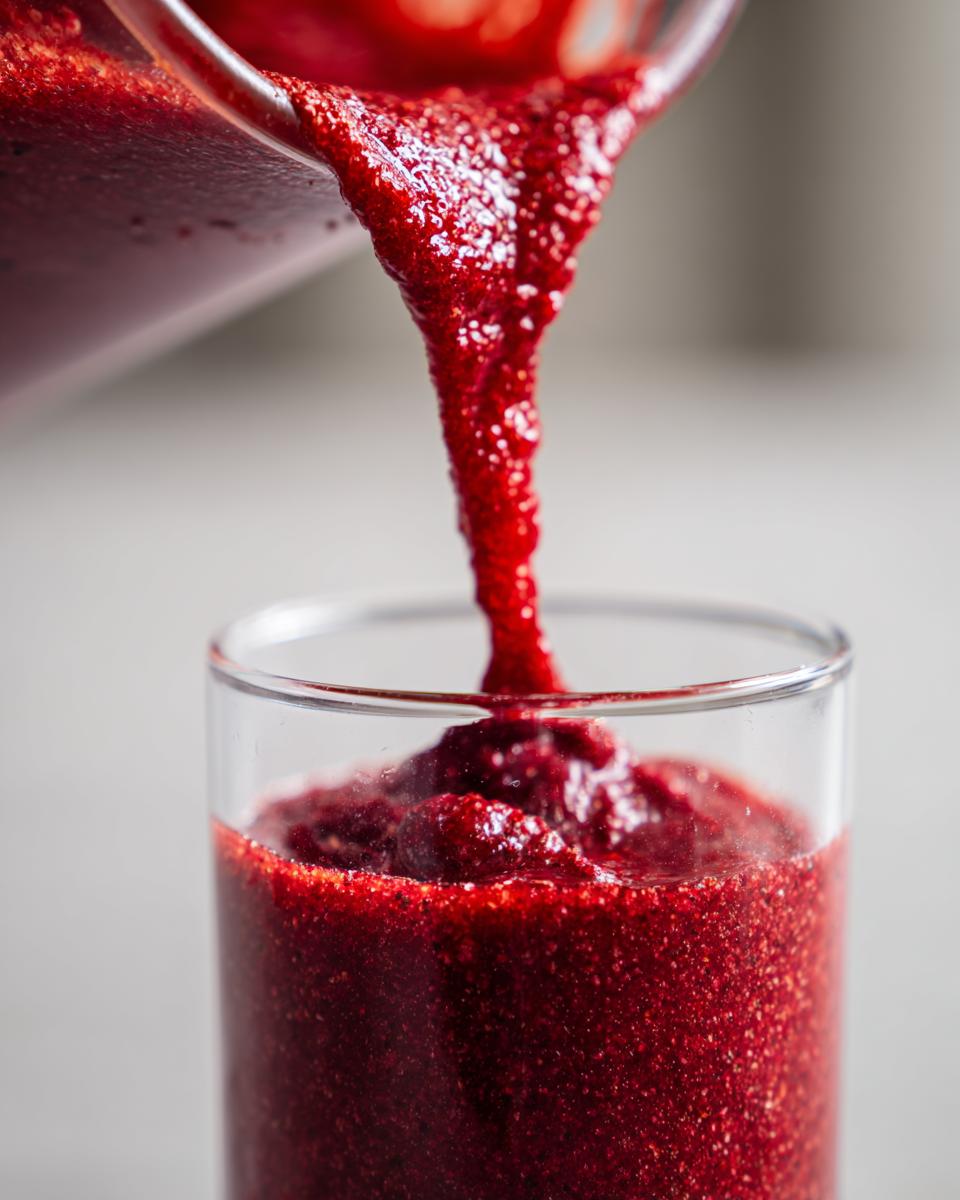 A vibrant cherry vibe smoothie being poured from a blender into a clear glass, showcasing its rich red color and thick texture.