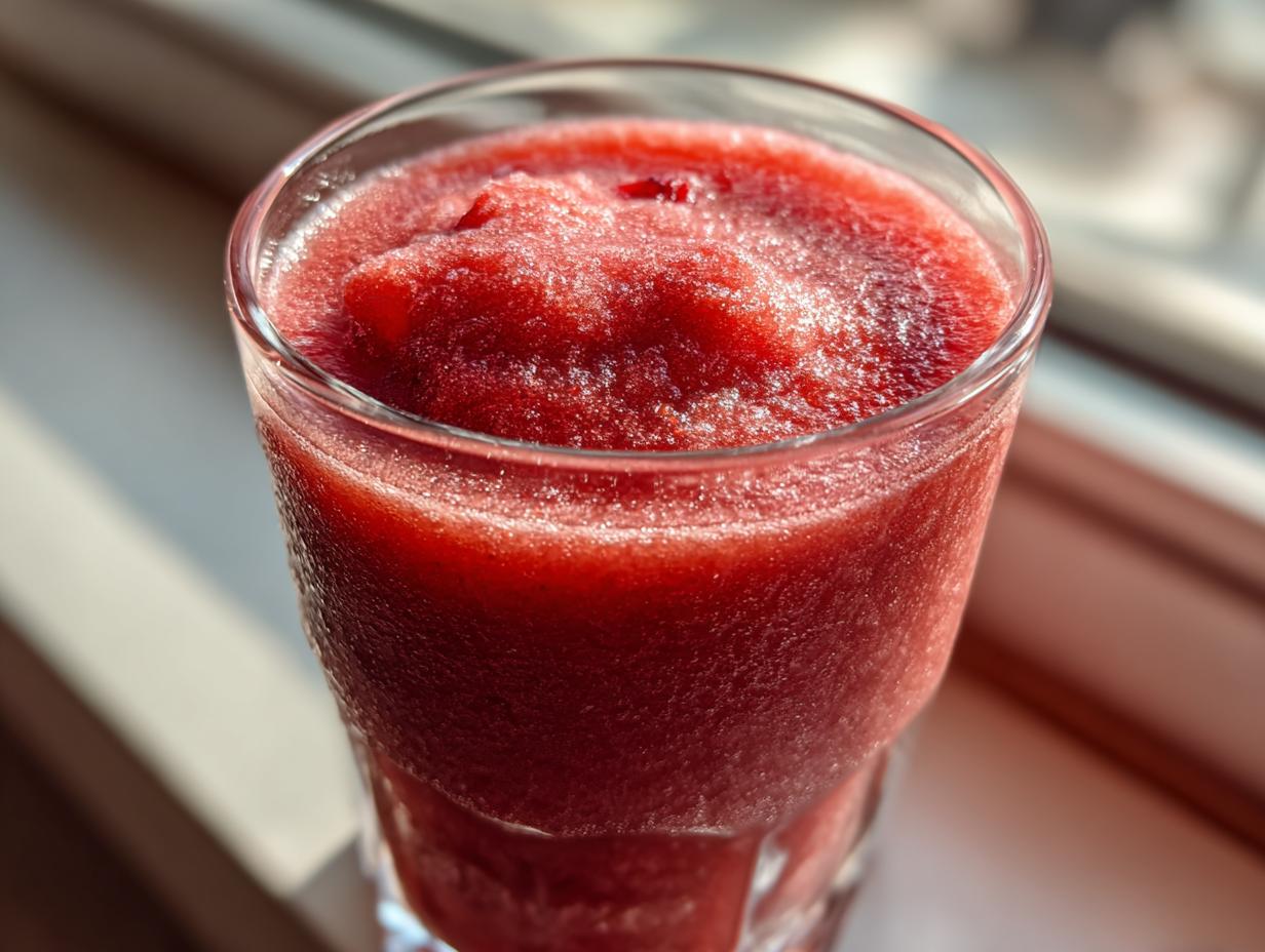 Close-up of a vibrant red cherry vibe smoothie in a clear glass, showcasing its icy texture.