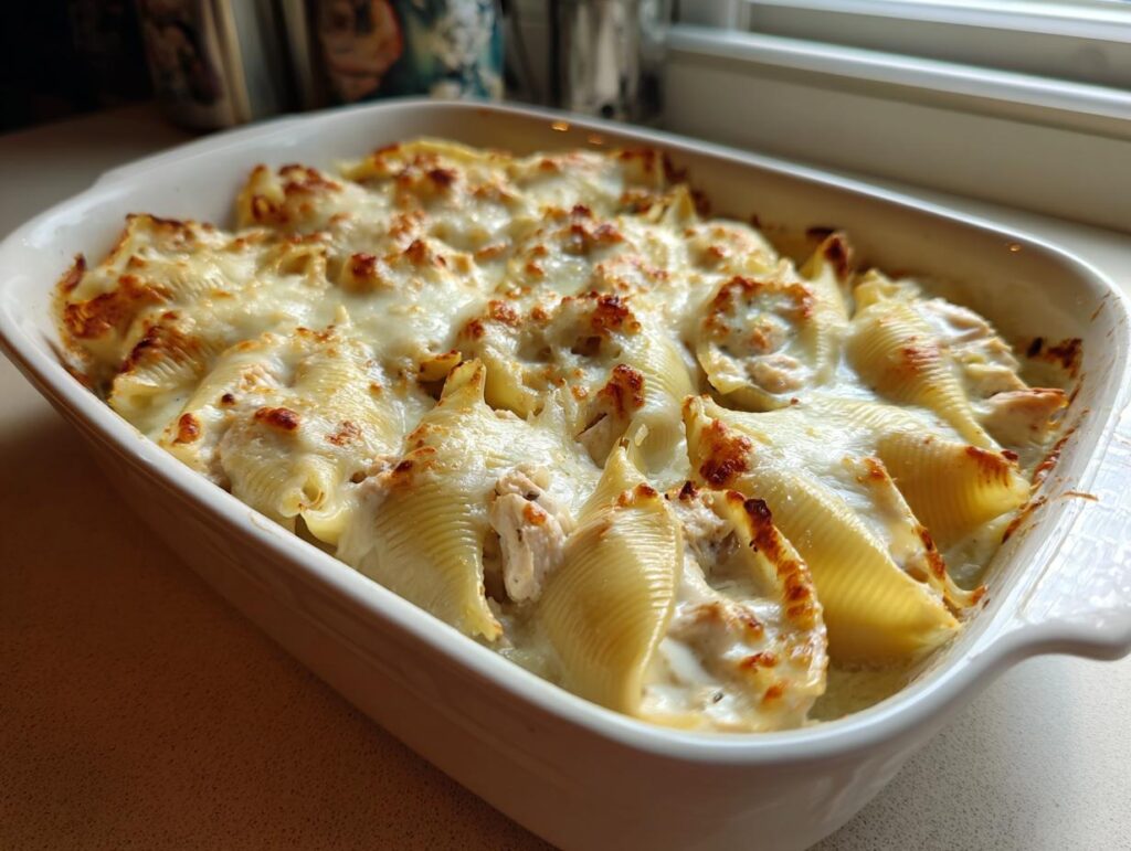 A close-up of baked Chicken Alfredo Stuffed Shells in a white casserole dish, covered in melted cheese.