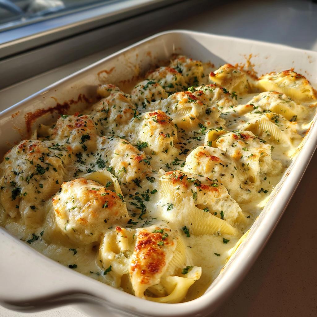 A baking dish filled with golden-brown Chicken Alfredo Stuffed Shells, generously topped with creamy sauce and parsley.