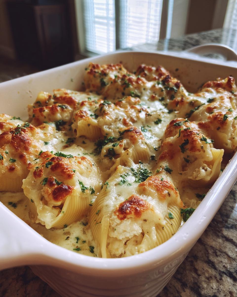 Close-up of baked Chicken Alfredo Stuffed Shells in a white baking dish, topped with melted cheese and parsley.