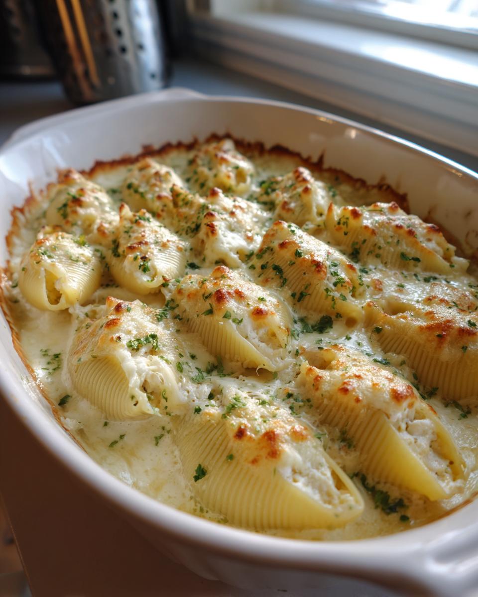 A close-up view of baked Chicken Alfredo Stuffed Shells in a white casserole dish, topped with melted cheese and parsley.