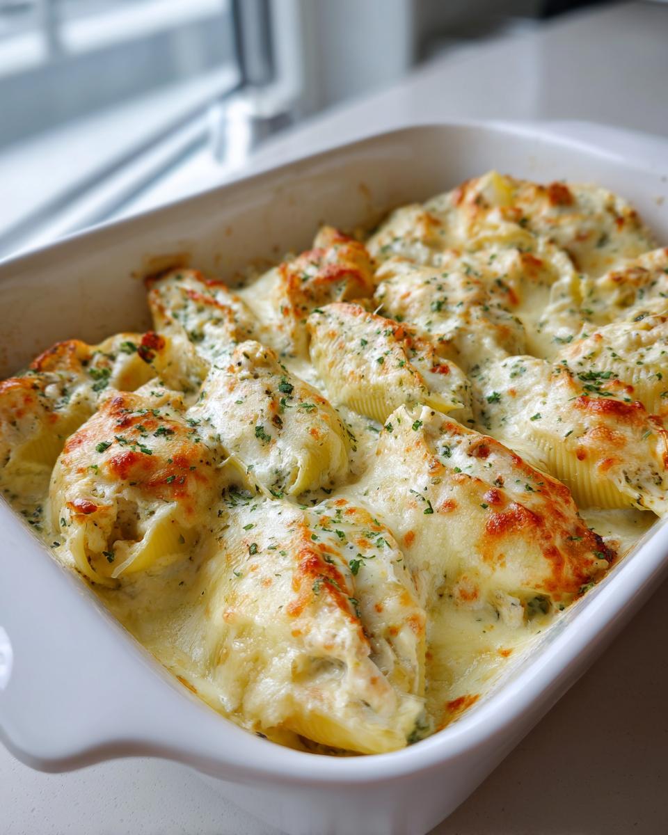 Close-up of baked Chicken Alfredo Stuffed Shells in a white baking dish, topped with melted cheese and parsley.
