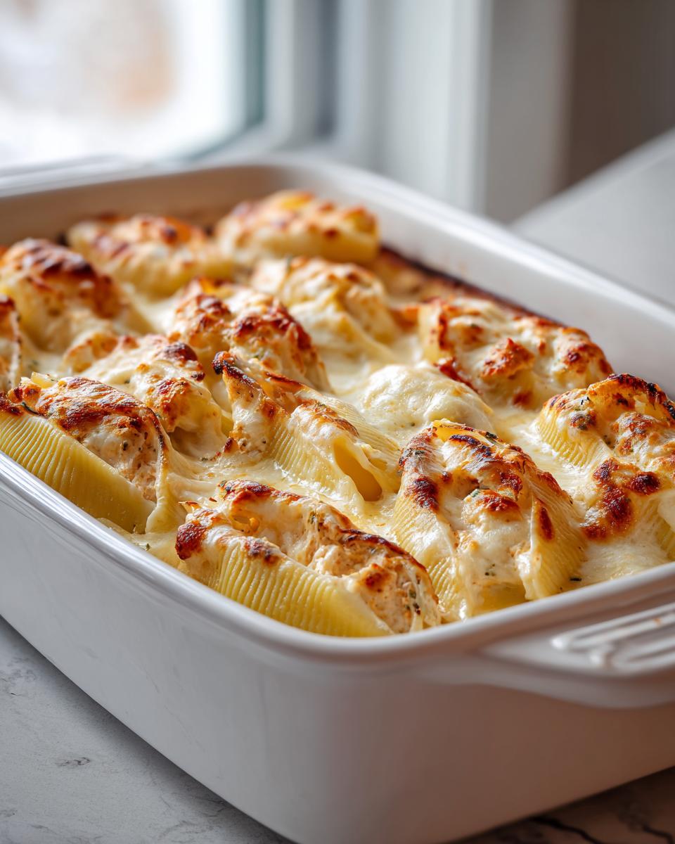 Close-up of baked Chicken Alfredo Stuffed Shells in a white baking dish, covered in melted cheese.