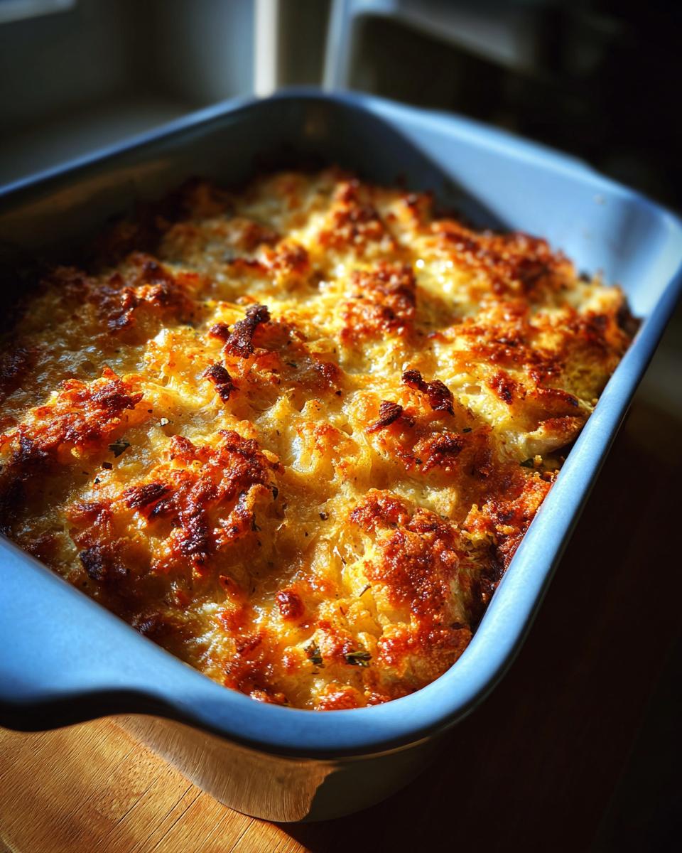 A freshly baked chicken bake in a blue baking dish, featuring a golden-brown, bubbly topping.