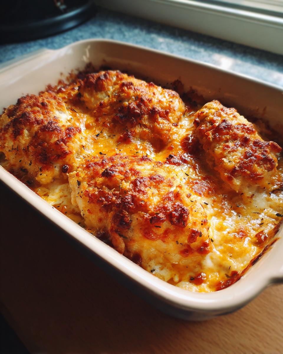 A freshly baked Chicken bake with a golden, cheesy crust in a ceramic baking dish.