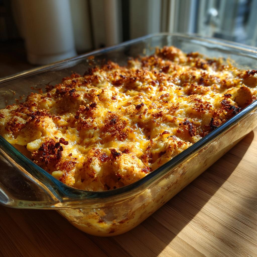 Golden brown Chicken bake with a cheesy topping in a glass baking dish, ready to serve.