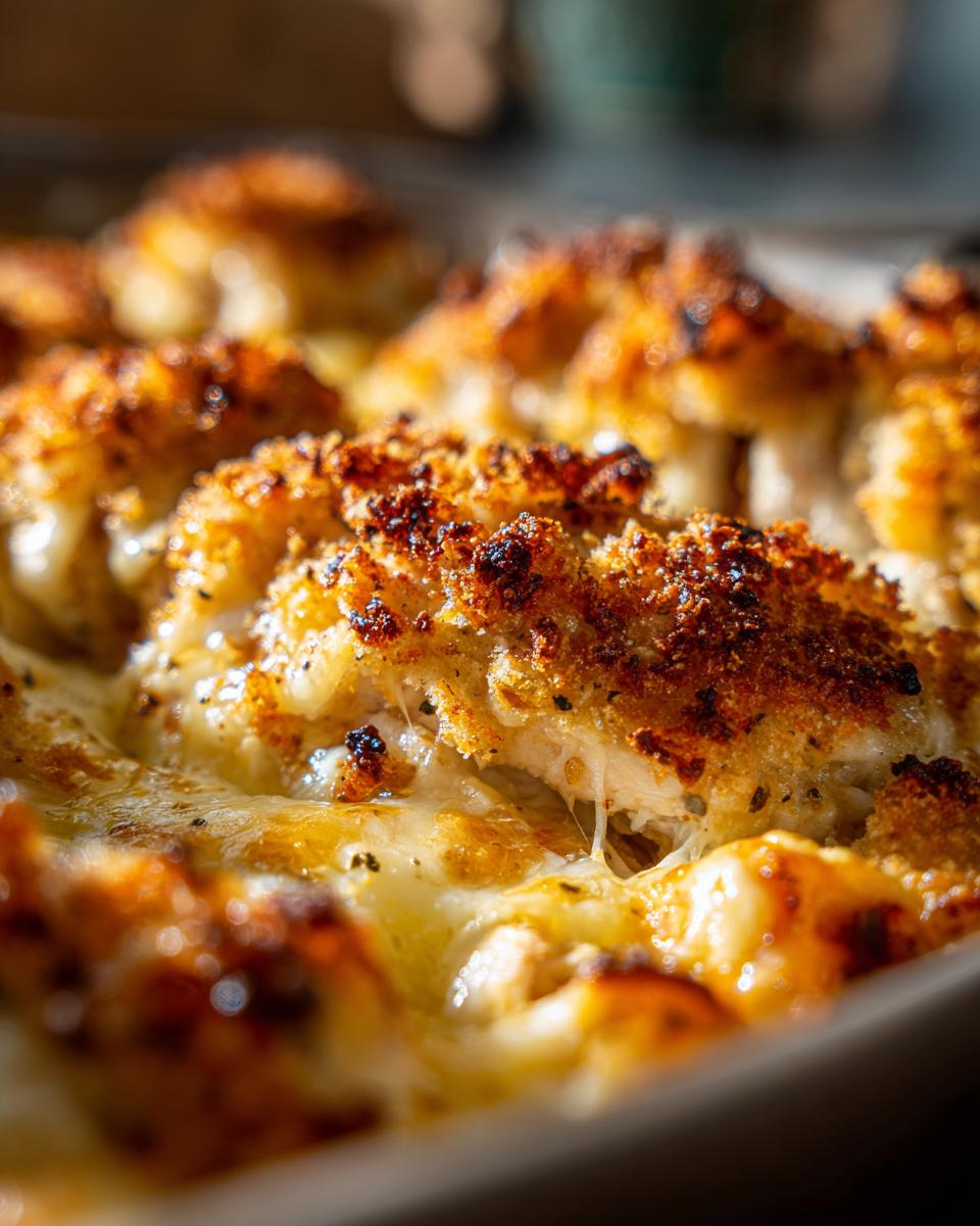 Close-up of a cheesy chicken bake with a golden crust, fresh from the oven. Perfect comfort food.