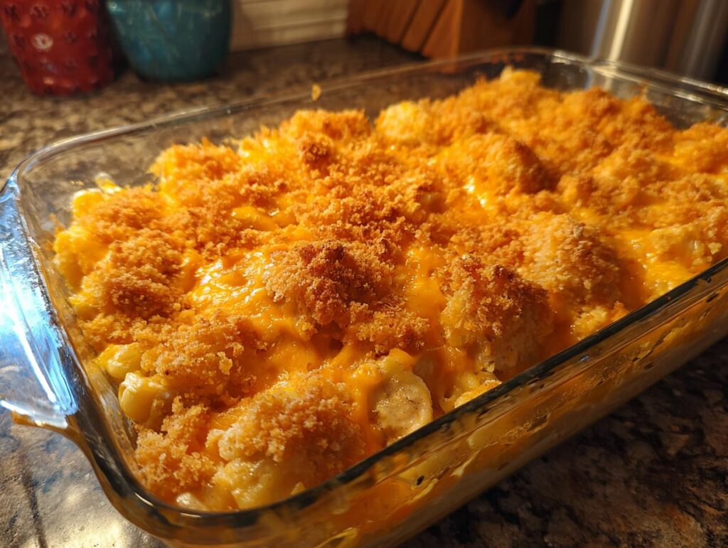 A golden-brown chicken bake with a cheesy, crumbly topping in a glass baking dish. Perfect comfort food.